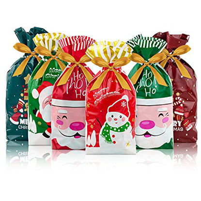Picture of 60 PCS Christmas Candy Bag Christmas Treat Bags Candy Goodies Plastic Drawstring Gift Bags Merry Christmas Treat Bags for Birthday Party Snack Wrapping Wedding Gift Party Favor Merry X-mas