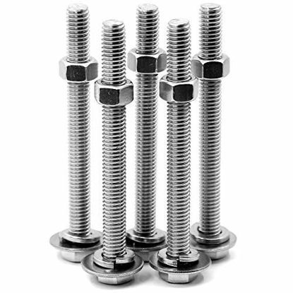Picture of (5 Sets) 3/8-16x3-1/2" Stainless Steel Hex Head Screws Bolts, Nuts, Flat & Lock Washers Kits, 304 Stainless Steel 18-8, Fully Machine Thread, Flat Washers Diameter 1.02"