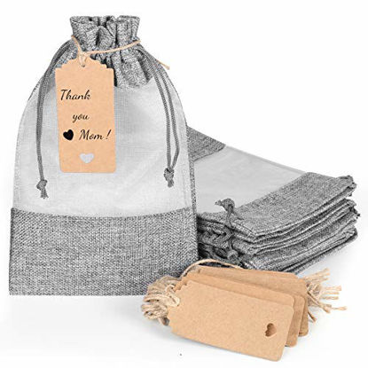 Picture of 15 Pack 6.3x9.5 Inches Grey Linen Burlap with Sheer Window Organza Gift Bag with Drawstring for Christmas Gifts Wedding Party Favors Cosmetic Perfume Mesh Pouch