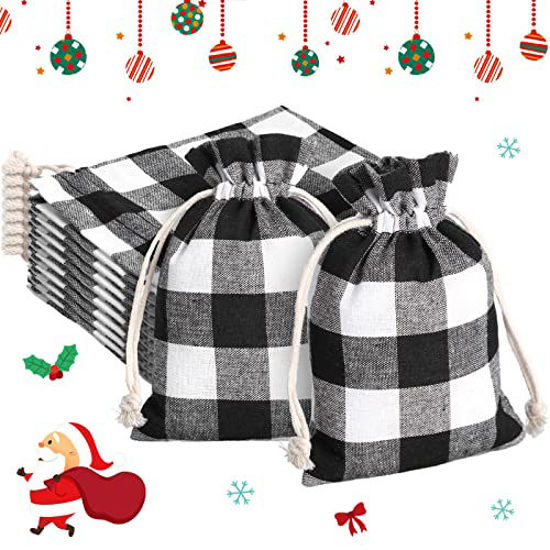Picture of 30 Pieces Buffalo Plaid Drawstring Bag Small Plaid Burlap Bags Christmas Drawstring Bags Washable Xmas Bag for Candy Wrapper Birthday Christmas Party Favor (Black and White)