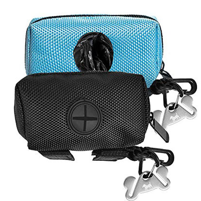 Picture of 2 Pack Dog Poop Bag Holder for Leash Attachment - Waste Bag Dispenser for Leash - Fits Any Dog Leash - Portable Set with 1 Hand Free Holder Metal Carrier - Black&Blue