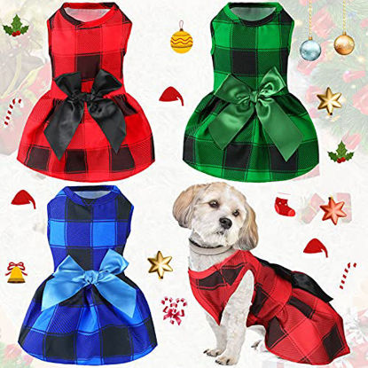 Picture of 3 Pieces Christmas Dog Buffalo Plaid Dress with Bowknot Plaid Puppy Princess Dress Check Pattern Dog Skirt Holiday Pet Dresses Puppy Costume Apparel Clothes for Small Dogs (M)