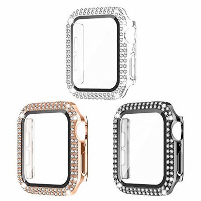 Picture of Recoppa 3 Pack Compatible for Apple Watch Case 38mm with Screen Protector, Bling Cover Double Diamonds Rhinestone Bumper Protective Frame for iWatch Series 3/2/1 Girl Women 38mm