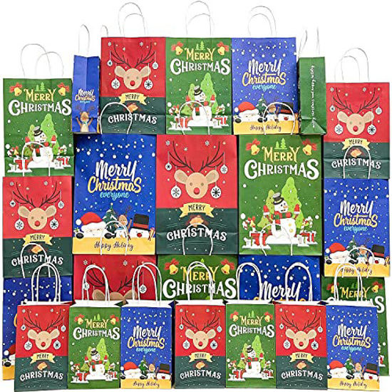 Picture of 24PCS Christmas Gift Bags Bulk Assorted Sizes Reusable Kraft Paper Bags with Handles Party Favor Bags(6 Large, 9 Medium, 9 Small Gift Bags)