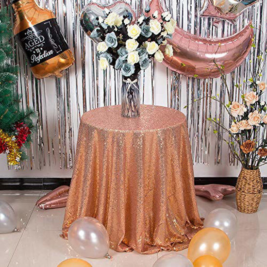 Picture of JYFLZQ Rose Gold Sequin Tablecloth 50" x 50" Square Sparkly Drape Table Cloths Table Cover Overlay for Wedding Birthday Party Baby Bridal Shower