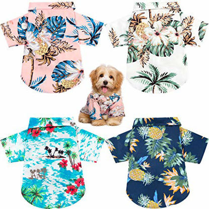 Picture of 4 Pieces Pet Summer T-Shirts Hawaii Style Floral Dog Shirt Hawaiian Printed Pet T-Shirts Breathable Pet Cool Clothes Beach Seaside Puppy Shirt Sweatshirt for Dogs Pet Puppy (Large)
