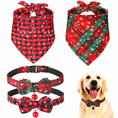 Picture of 4 Pieces Christmas Dog Bandanas and Collars Set Xmas Christmas Classic Plaid Dog Neck Tie Triangle Bib Scarf Kerchief Adjustable PET Bow Tie with Safety Bell PET Costume for Cat Dog (L, Stylish Style)