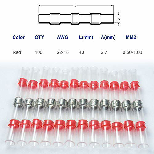XUUAP 400 PCS Solder Seal Butt Connectors – 22-18 AWG, Waterproof Heat Shrink Wire Terminals – Automotive Marine Electrical, Red