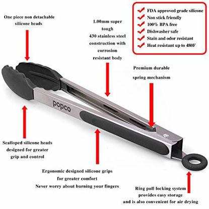 Picture of The Original Popco Tongs, Set of 3-7,9,12 inches, Heavy Duty, Stainless Steel Bbq and Kitchen Tongs with Silicone Tips (3 COLORS AVAILABLE)