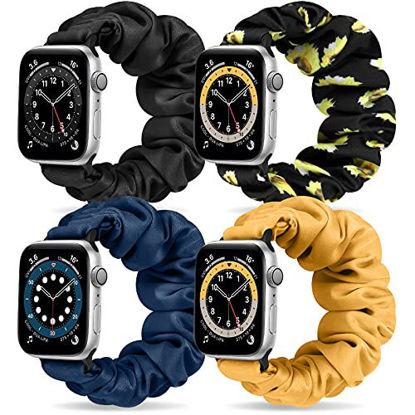 Picture of YCHDDER Scrunchie Watch Band Compatible with Apple Watch Bands 38mm 40mm 41mm 42mm 44mm 45mm, Soft Elastic Replacement Straps for iwatch Series SE/7/6/5/4/3/2/1 , 4 Pack Wristband for Women Girl (38mm/40mm/41mm L, Black+Sunflower+Dark blue+Yellow)