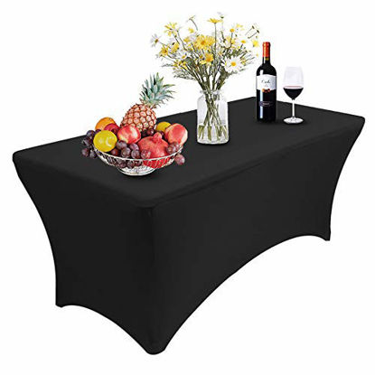 Picture of Reliancer 1 Pack 6FT Rectangular Spandex Table Cover Four-Way Tight Fitted Stretch Tablecloth Table Cloth for Outdoor Party DJ Tradeshow Banquet Vendor Wedding Celebration (1PC 6FT, Black)
