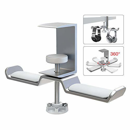Picture of 6amLifestyle Dual Rotatable Headphone Stand Hanger Under Desk Clamp Headset Holder Aluminum Load up to 11lb Headset Stand Hanger Compatible with Universal Headphones, Silver 6A-13SV