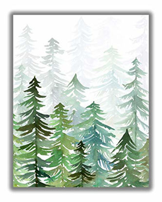 Picture of Forest Evergreen Trees on Mountain Watercolor Wall Art - 11x14 UNFRAMED Rustic Cottage Nordic Decor Print. Calming, Neutral Shades of Green, Gray & White.