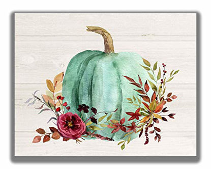 Picture of Autumn Teal Blue Pumpkin with Fall Leaves No.11 Wall Art Print - 11x14 UNFRAMED Watercolor Home Decoration Picture Perfect for Farmhouse, Rustic, Vintage, Cottage, Country Decor.
