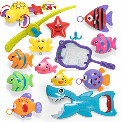 Picture of JOYIN 14 Pcs Fishing Bath Toy Set with Pole Rod, Fish Net, Shark Toy Grabber, Windup Toy and Floating Fish Baby Bath Toy Bathtub Pool Toy for Toddler Kids