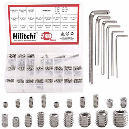 Picture of Hilitchi 240Pcs 19Sizes SAE Stainless Hex Allen Head Socket Set Screws Grub Screw Bolts Assortment Kit Internal Hex Drive Cup-Point Screws with 7 Hex Wrenches