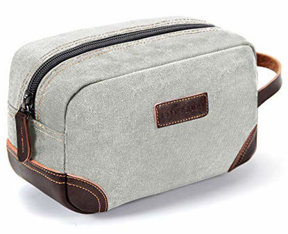 Picture of emissary Men's Toiletry Bag Leather and Canvas Travel Toiletry Bag Dopp Kit for Men Shaving Bag for Travel Accessories (Light Gray)