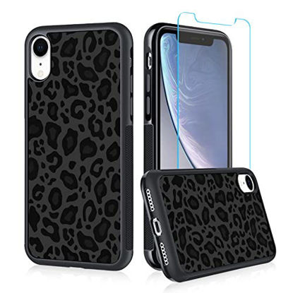 Picture of KANGHAR Compatible with iPhone XR Case Tire Cow Cute Pattern Black Leopard + Screen Protector Slim Anti-Scratch Shockproof Skid Durable PC Layer TPU Bumper Protection Cover
