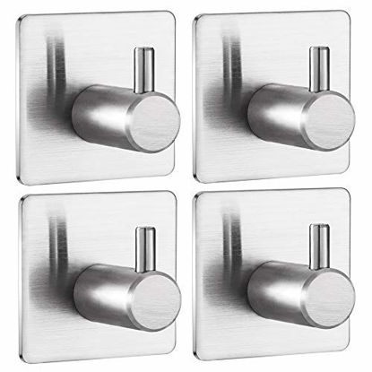 Picture of Jekoo Towel Hooks Self Adhesive, Heavy Duty Coat Hooks with Brushed Stainless Steel Stick On Shower Kitchen Bathroom Office Ideal for Robes, Hats, Clothes, Bags, Coats, Keys - (4 Packs)