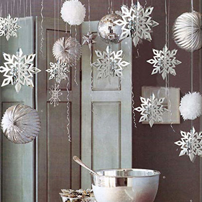 Picture of Winter Christmas Hanging Snowflake Decorations, 12PCS 3D Large Silver Snowflakes & 12PCS White Paper Snowflakes Hanging Garland for Christmas Winter Wonderland Holiday New Year Party Home Decoration