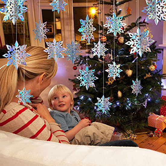 Picture of 15pcs Winter Christmas Hanging Snowflake Decorations, 3D Holographic Snowflakes for Christmas Winter Wonderland Decorations Frozen Birthday New Year Party Home Decorations