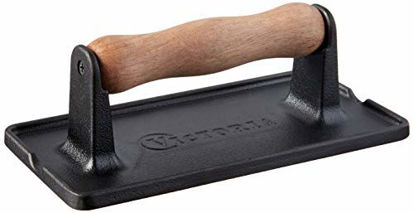 Picture of Victoria Cast Iron Panini, Burger, Bacon, Grill Press Seasoned with 100% Kosher Certified Non-GMO Flaxseed Oil, 8.3 x 4.4 Inch, Black