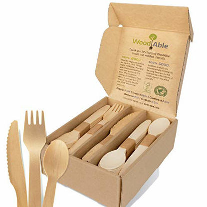 Picture of WoodAble - Disposable Wooden Forks, Spoons, Knives Set | Alternative to Plastic Cutlery - FSC Certified - Eco Biodegradable Replacements - 100% Wood - (100 Count - 40 Forks, 40 Spoons, 20 Knives)