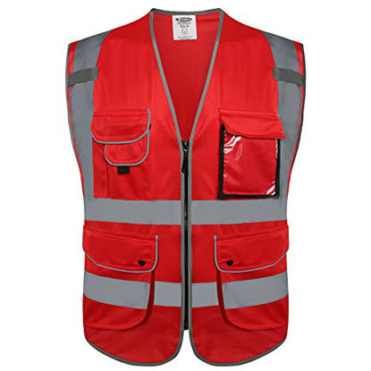 Picture of JKSafety 9 Pockets High Visibility Zipper Front Safety Vest With Reflective Strips,Meets ANSI/ISEA Standard (3X-Large, 150-Red)