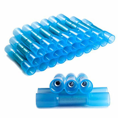 Picture of XUUAP 100 pcs Waterproof Heat Shrink Butt Connectors Blue 16-14 AWG, Electrical Crimp Wire Splice Connectors Insulated Marine Automotive (Blue)