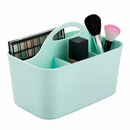Picture of mDesign Plastic Portable Storage Organizer Caddy Tote - Divided Basket Bin, Handle for Bathroom, Dorm Room - Holds Hand Soap, Body Wash, Shampoo, Conditioner, Lotion - Small - Mint Green