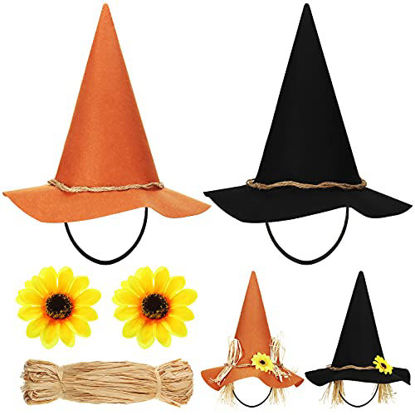 Picture of 2 Pieces DIY Scarecrow Hats Sunflower Scarecrow Witch Hats Felt Scarecrow Costume Hats for Halloween Cosplay Party Accessories with 50 g Natural Raffia Paper Ribbon, 2 Pieces Artificial Fake Sunflower