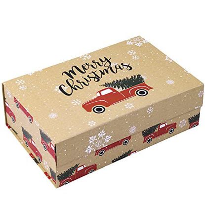 Picture of WRAPAHOLIC 1 Pcs Christmas Gift Box with Lid - 14x9x4.3 Inches Red Truck with Christmas Tree Design Gift Box, Collapsible Gift Box with Magnetic Closure and 2 Pcs Tissue Paper