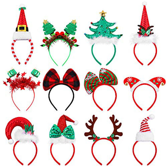 Picture of Aneco 12 Pieces Christmas Headbands Assorted Christmas Head Boppers Xmas Tree Santa Antler Reindeer Elves Hat Headband for Christmas Party