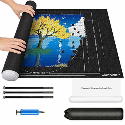 Picture of Puzzle Mat Roll Up Jurnwey Jigsaw Mat Felt Puzzle Saver Up to 1000/1500 Pieces Storage and Transport Premium Pump Glue Felt Mat Inflatable Tube Holder Organizer Pad Keeper