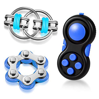 Picture of 3 Pieces Handheld Mini Fidget Toy Set Includes Six Roller Chain and Key Flippy Chain Bike Chain Fidget Handheld Fidget Pad Stress Relief Toys Set for Adults Teens Relieve Stress (Black and Blue)