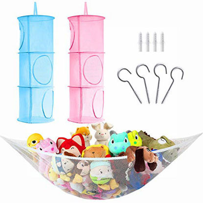 Picture of 2 Pcs Hanging Mesh Storage Basket with 1 Stuffed Animals Toy Net Hammock, Hommtina Foldable Corner Organizer 3 Tier, Neatly Organize Kids Plush Toys and Save Space (Pink, Blue, White)