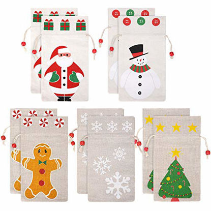 Picture of 10 Pieces Christmas Drawstring Gift Bags Reusable Burlap Bags Sweet Candy Bag Pouch with Santa Snowman Design for Christmas Holiday Home Party Supplies