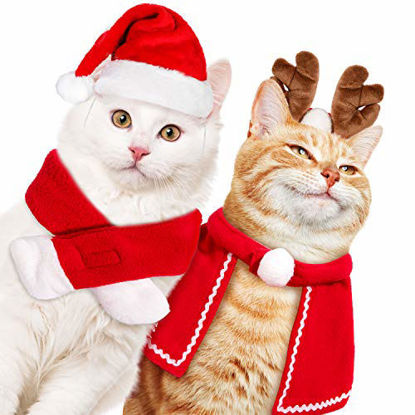 Picture of Whaline Pet Christmas Costume Outfit Set Reindeer Antlers Headband Santa Christmsas Hat Red Scarf and Pet Cloak for Dog Cat Pet Christmas Party Cosplay Supplies, 4 Pack