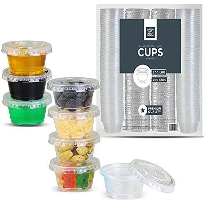Picture of (0.75 Oz) Medicine Cups with Lids - Condiment Containers, Small Sample Cups, Leak-Resistant, Tight fit, Easy Snap-on Lids - Clear and Fully Transparent. (Bulk Pack 200 Cups + 200 Lids)