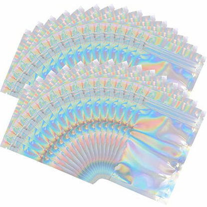 Picture of 100 Pieces Mylar Holographic Resealable Bags - 4.7 x 7" Smell Proof BagsFoil Pouch Ziplock Bags for Party Favor Food Storage