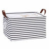 Picture of Hinwo 31L Large Capacity Storage Basket Canvas Fabric Storage Bin Collapsible Storage Box with PU Leather Handles and Drawstring Closure, 16.5 by 11.8 inches, Waterproof Inner Layer, Black Stripe