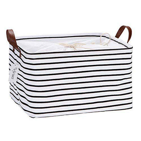 Picture of Hinwo 31L Large Capacity Storage Basket Canvas Fabric Storage Bin Collapsible Storage Box with PU Leather Handles and Drawstring Closure, 16.5 by 11.8 inches, Waterproof Inner Layer, Black Stripe