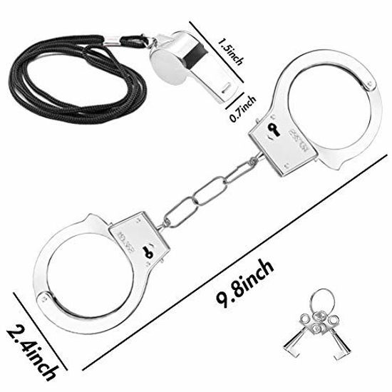 Costume Accessories Metal Handcuffs 3Whistles 6PCS Pretend Play Toy Hand Cuffs with Keys 9.8Inch Metal Handcuffs for Kids 