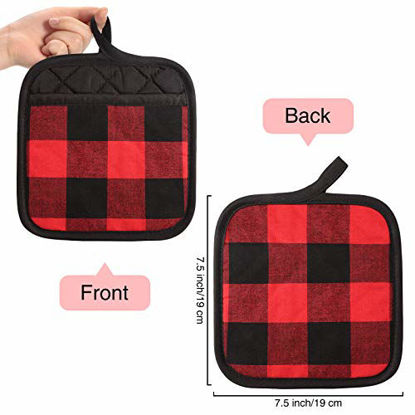 Picture of 6 Pieces Christmas Buffalo Check Pot Holders with Pocket, Classic Farmhouse Hot Pad Buffalo Plaid Cloth Potholders Heat Insulation Potholder for Kitchen Cooking Baking Grilling (Red Black, 6 Pieces)