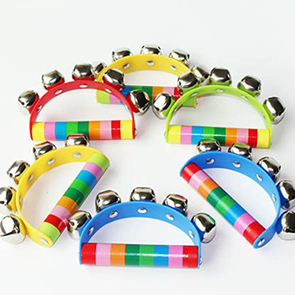 Picture of 6 Pcs Vivid Color Rainbow Handle Wooden Bells Jingle Stick Shaker Rattle Baby Kids Children Musical Toys