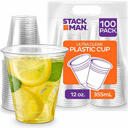 Picture of Stack Man [100 Pack - 12 oz.] Clear Disposable Plastic Cups PET Crystal Clear Disposable 12oz Plastic Cups