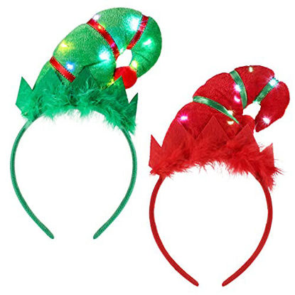 Picture of 2 Pieces Christmas Elves Headbands Glowing Elf Hat Costume Headwear Accessories, Red Green Elf Hair Hoop with 3D Hat Designs for Christmas and Holiday Parties Favors (Classic Style)