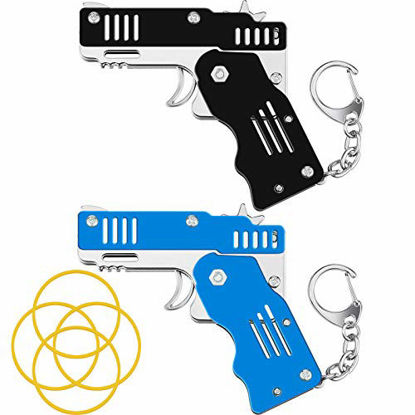 Picture of 2 Packs Rubber Band Gun Toy Mini Metal Folding Rubber Gun Rubber Launcher Toy Gun with Keychain for Shooting Game Outdoor Activities (Black and Blue)