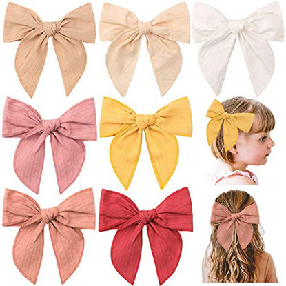 Picture of 7 Pieces 6 Inch Big Hand-made Hair Bow Alligator Clips for Girls, TOKUFAGU Solid Color Boutique Hair Accessories for Baby Toddlers Kids (stripe bows)