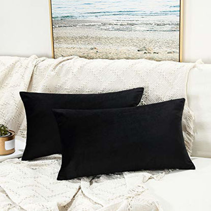 Picture of JUSPURBET Black Decorative Velvet Throw Pillow Covers 16x24,Pack of 2 Luxury Soft Solid Cushion Cases for Sofa Couch Bed